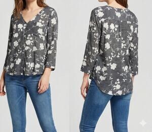 Fred David Large Womens Blouse Gray White Floral V Neck 3/4 Sleeve